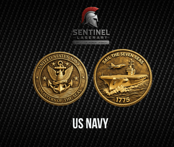 U.S. Navy challenge coin 50mm — laser engraved USN design, antique metal finish, Anchors Aweigh