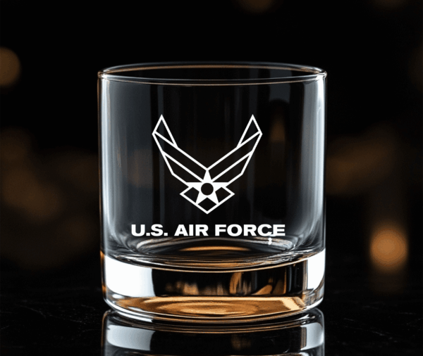 11oz Air Force whiskey rocks glass — laser engraved USAF seal — veteran and airman gift