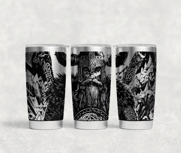 20oz Viking Full Wrap Tumbler in Black — laser engraved Norse warrior design with runes and knotwork