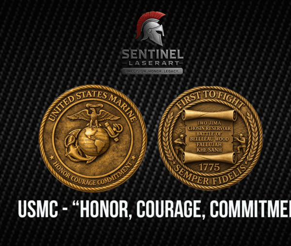 USMC Honor Courage Commitment challenge coin — Eagle Globe and Anchor laser engraved, antique brass finish