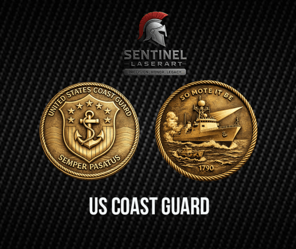 U.S. Coast Guard challenge coin 50mm — laser engraved USCG design, antique metal finish, Semper Paratus