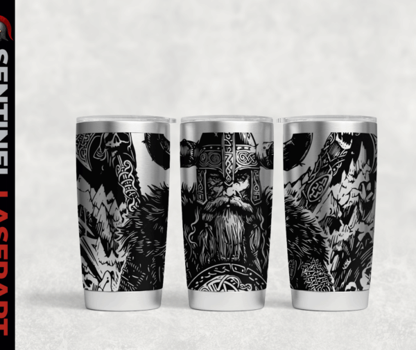 Viking Warrior Edition laser engraved 20oz tumbler — Norse warrior, Mjolnir, Celtic knotwork on OD Green powder coat