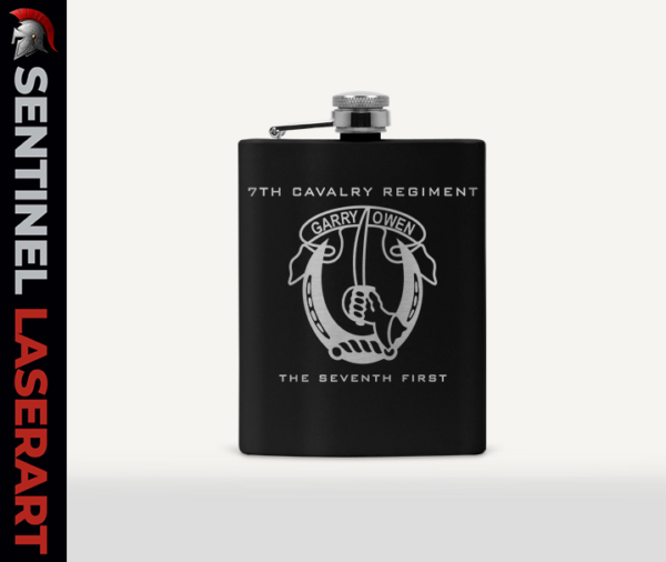 Regimental Flask Collection 7th Cavalry Garryowen laser engraved matte black 8oz stainless steel — Army cavalry veteran gift