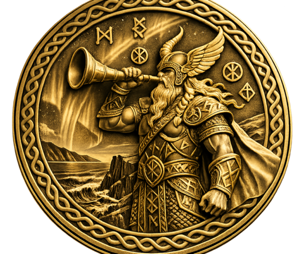 Heimdall Eternal Watchman Norse challenge coin — Bifrost guardian in full armor, Gjallarhorn raised, aurora burning — Sentinel LaserArt