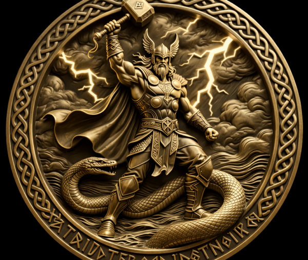 Thor God of Thunder Norse challenge coin antique bronze — Mjolnir center strike, lightning bolts, Celtic knotwork — Sentinel LaserArt
