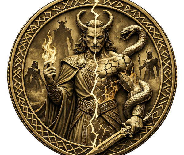 Loki Trickster Norse mythology challenge coin antique gold — split-face duality design noble and monstrous — Sentinel LaserArt