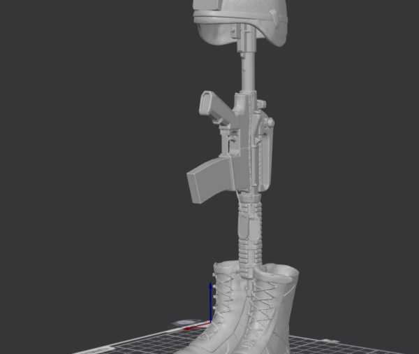 Battlefield Cross fallen soldier memorial 3D printed display replica — helmet, rifle, boots — military tribute veteran Gold Star family gift