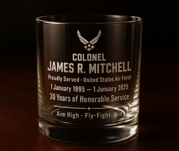 Air Force retirement whiskey glass — laser engraved personalized military retirement gift — Sentinel LaserArt